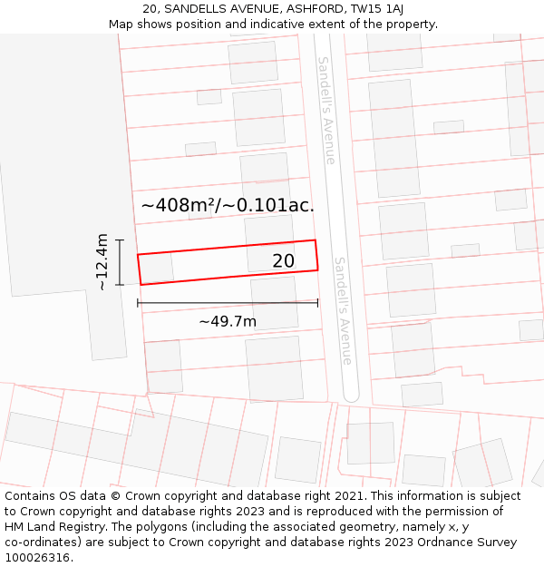 20, SANDELLS AVENUE, ASHFORD, TW15 1AJ: Plot and title map