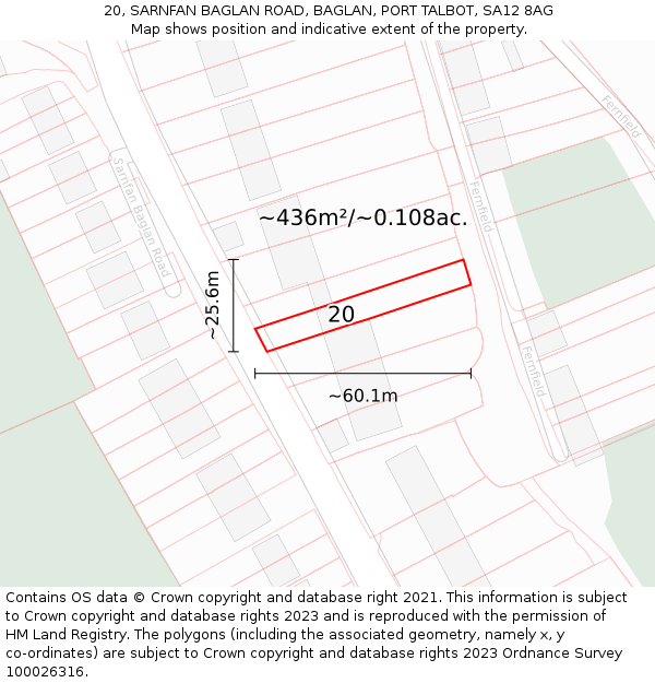 20, SARNFAN BAGLAN ROAD, BAGLAN, PORT TALBOT, SA12 8AG: Plot and title map