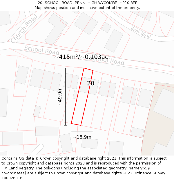 20, SCHOOL ROAD, PENN, HIGH WYCOMBE, HP10 8EF: Plot and title map