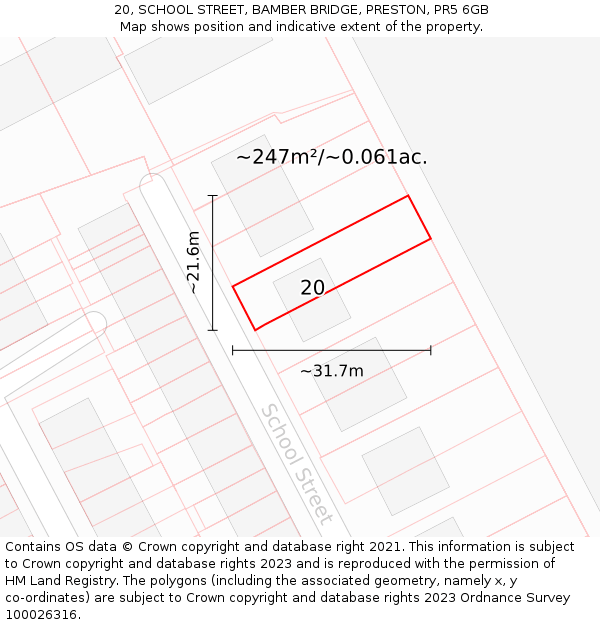 20, SCHOOL STREET, BAMBER BRIDGE, PRESTON, PR5 6GB: Plot and title map