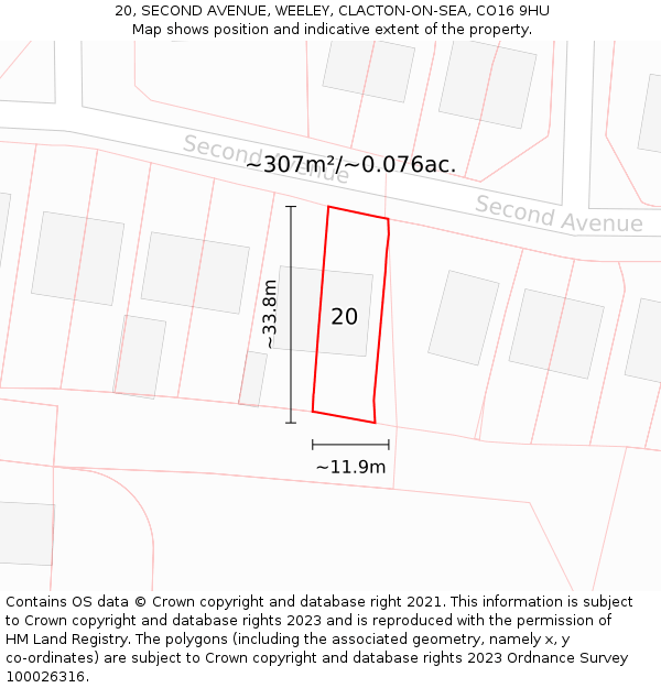 20, SECOND AVENUE, WEELEY, CLACTON-ON-SEA, CO16 9HU: Plot and title map