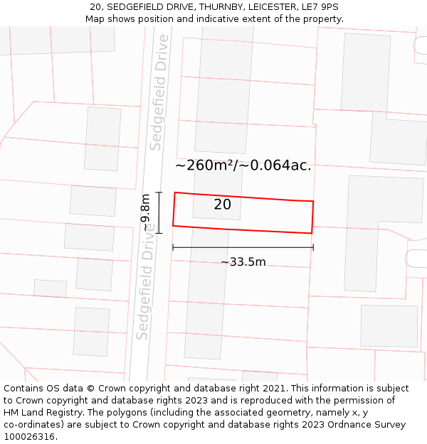 20, SEDGEFIELD DRIVE, THURNBY, LEICESTER, LE7 9PS: Plot and title map