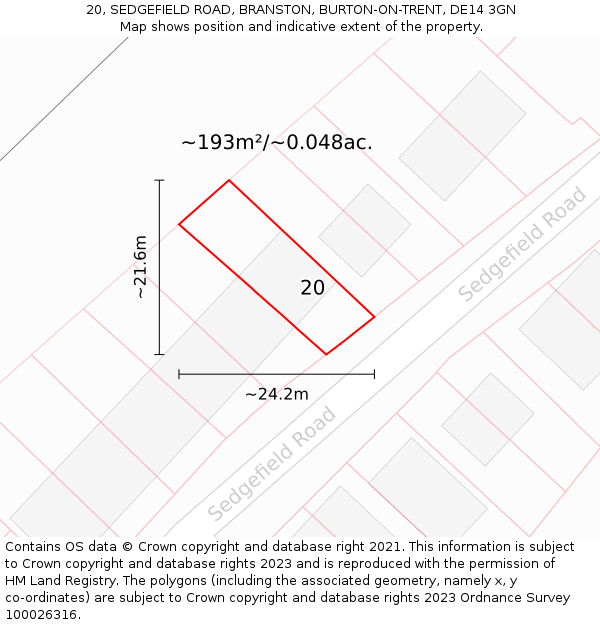 20, SEDGEFIELD ROAD, BRANSTON, BURTON-ON-TRENT, DE14 3GN: Plot and title map