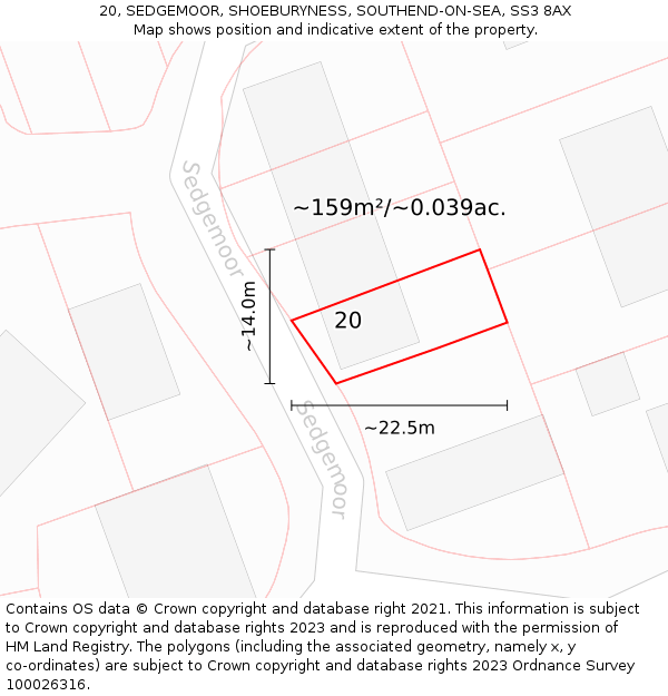 20, SEDGEMOOR, SHOEBURYNESS, SOUTHEND-ON-SEA, SS3 8AX: Plot and title map