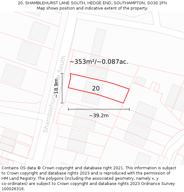 20, SHAMBLEHURST LANE SOUTH, HEDGE END, SOUTHAMPTON, SO30 2FN: Plot and title map