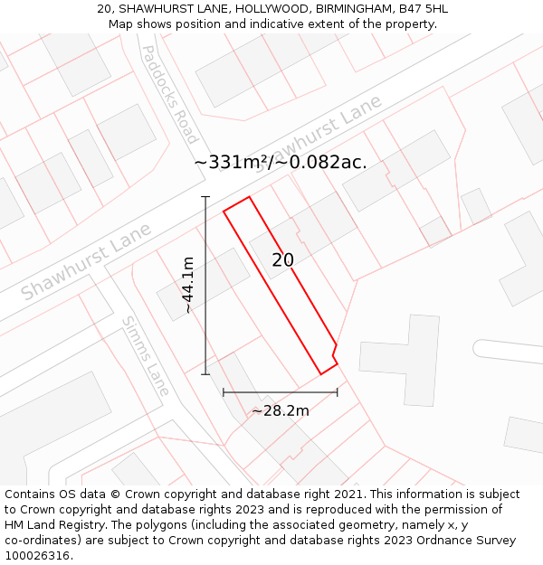 20, SHAWHURST LANE, HOLLYWOOD, BIRMINGHAM, B47 5HL: Plot and title map