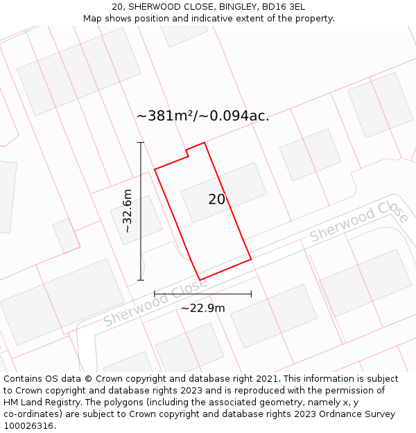 20, SHERWOOD CLOSE, BINGLEY, BD16 3EL: Plot and title map