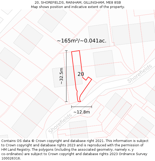 20, SHOREFIELDS, RAINHAM, GILLINGHAM, ME8 8SB: Plot and title map