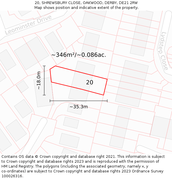 20, SHREWSBURY CLOSE, OAKWOOD, DERBY, DE21 2RW: Plot and title map