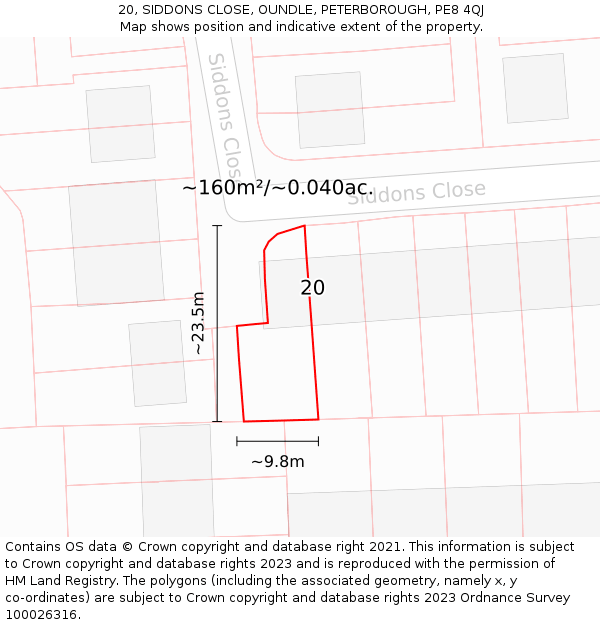 20, SIDDONS CLOSE, OUNDLE, PETERBOROUGH, PE8 4QJ: Plot and title map