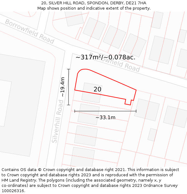 20, SILVER HILL ROAD, SPONDON, DERBY, DE21 7HA: Plot and title map
