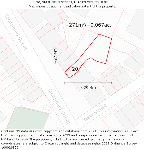 20, SMITHFIELD STREET, LLANIDLOES, SY18 6EJ: Plot and title map