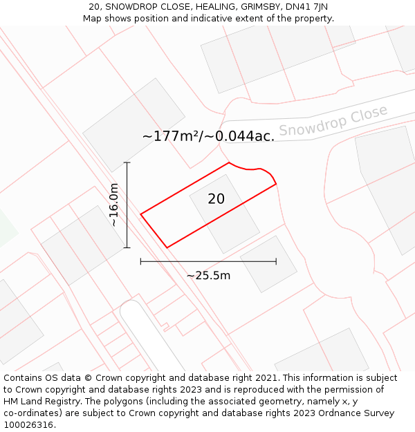 20, SNOWDROP CLOSE, HEALING, GRIMSBY, DN41 7JN: Plot and title map