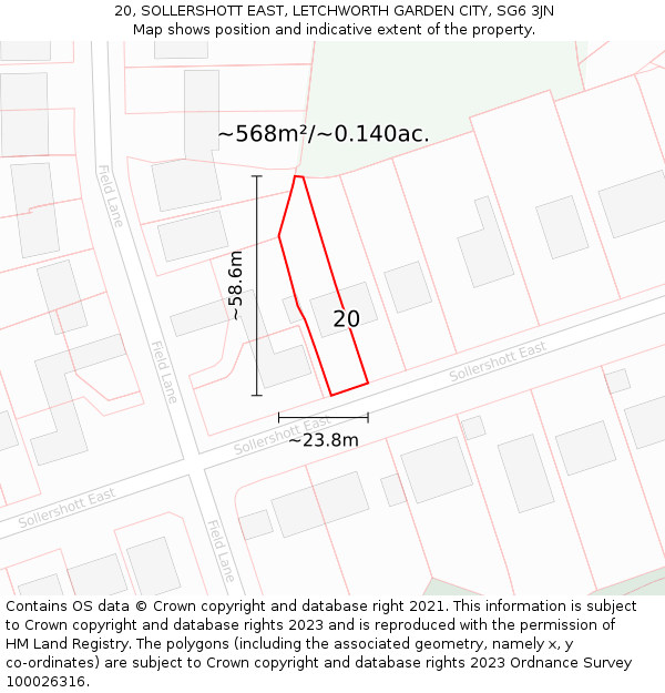 20, SOLLERSHOTT EAST, LETCHWORTH GARDEN CITY, SG6 3JN: Plot and title map