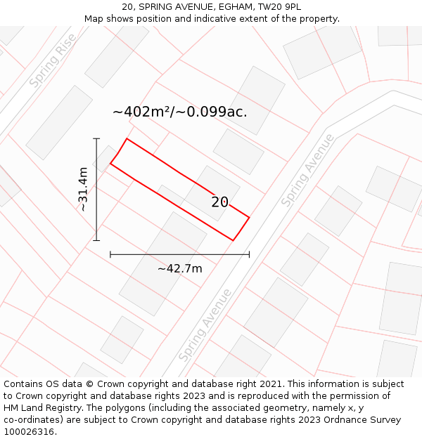 20, SPRING AVENUE, EGHAM, TW20 9PL: Plot and title map
