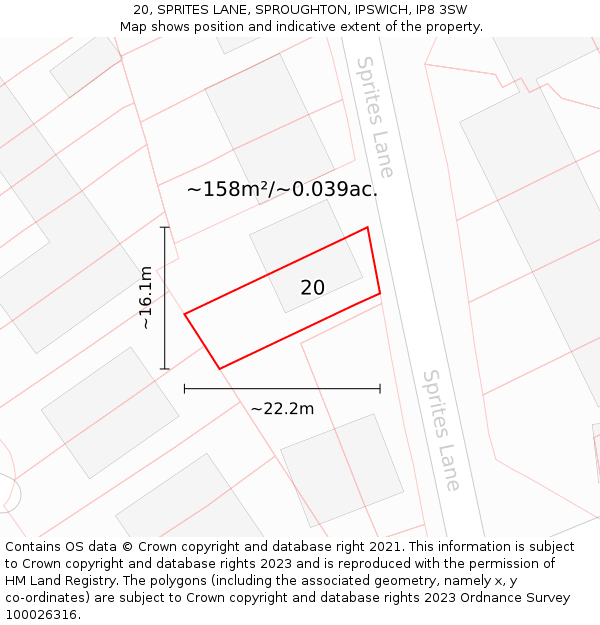 20, SPRITES LANE, SPROUGHTON, IPSWICH, IP8 3SW: Plot and title map