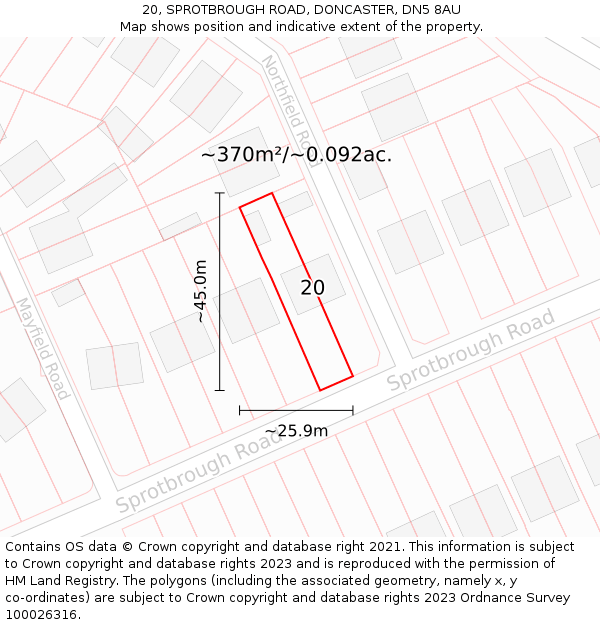 20, SPROTBROUGH ROAD, DONCASTER, DN5 8AU: Plot and title map