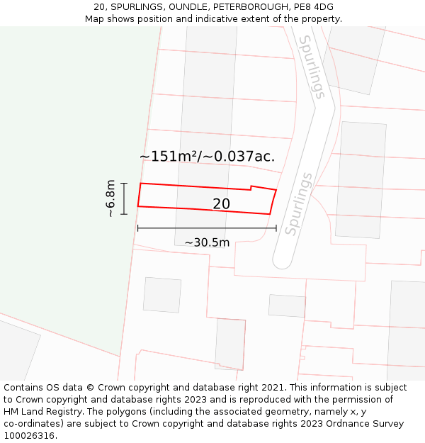 20, SPURLINGS, OUNDLE, PETERBOROUGH, PE8 4DG: Plot and title map