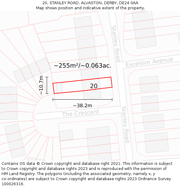 20, STANLEY ROAD, ALVASTON, DERBY, DE24 0AA: Plot and title map