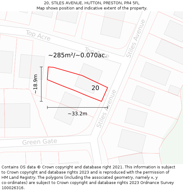 20, STILES AVENUE, HUTTON, PRESTON, PR4 5FL: Plot and title map