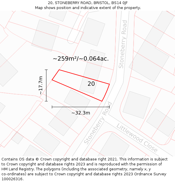 20, STONEBERRY ROAD, BRISTOL, BS14 0JF: Plot and title map