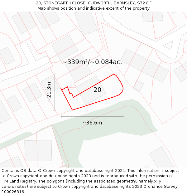 20, STONEGARTH CLOSE, CUDWORTH, BARNSLEY, S72 8JF: Plot and title map