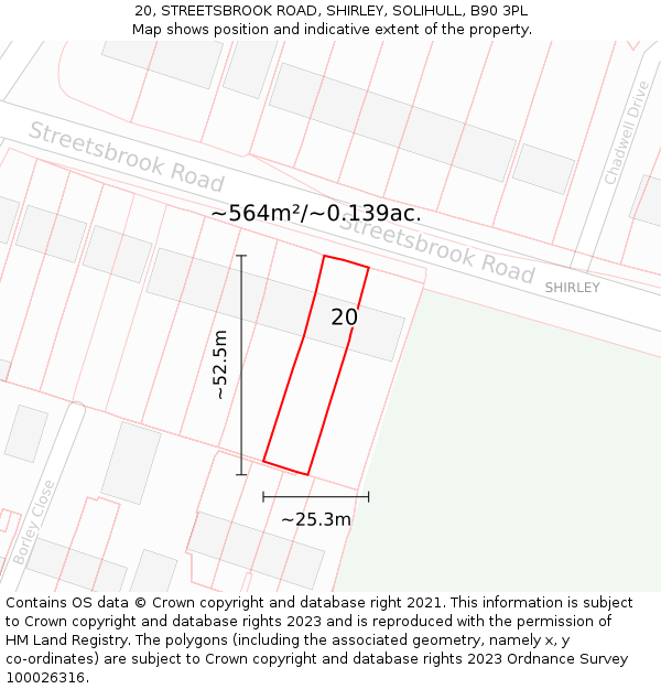 20, STREETSBROOK ROAD, SHIRLEY, SOLIHULL, B90 3PL: Plot and title map