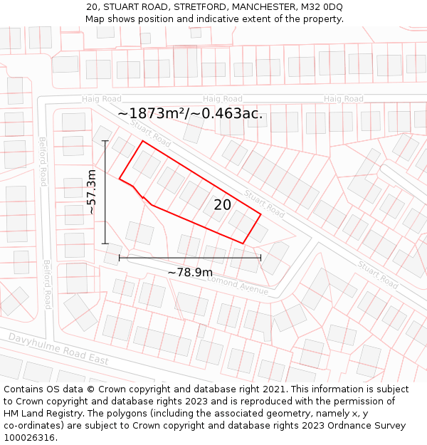 20, STUART ROAD, STRETFORD, MANCHESTER, M32 0DQ: Plot and title map