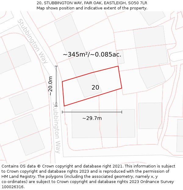 20, STUBBINGTON WAY, FAIR OAK, EASTLEIGH, SO50 7LR: Plot and title map