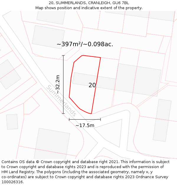 20, SUMMERLANDS, CRANLEIGH, GU6 7BL: Plot and title map