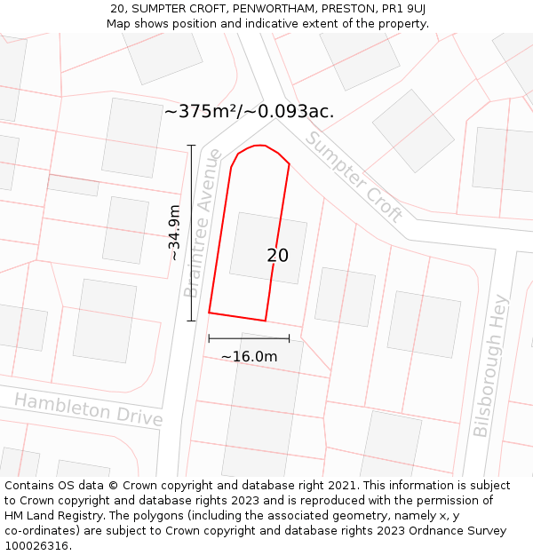 20, SUMPTER CROFT, PENWORTHAM, PRESTON, PR1 9UJ: Plot and title map