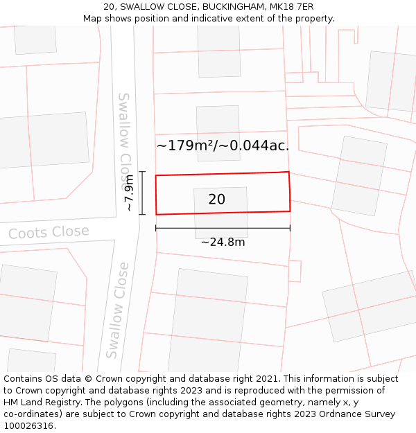 20, SWALLOW CLOSE, BUCKINGHAM, MK18 7ER: Plot and title map