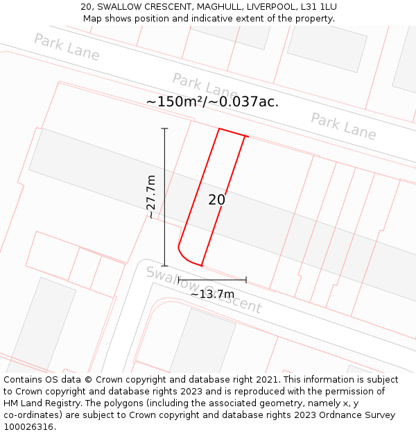 20, SWALLOW CRESCENT, MAGHULL, LIVERPOOL, L31 1LU: Plot and title map