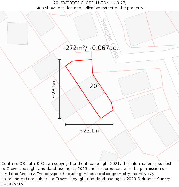20, SWORDER CLOSE, LUTON, LU3 4BJ: Plot and title map