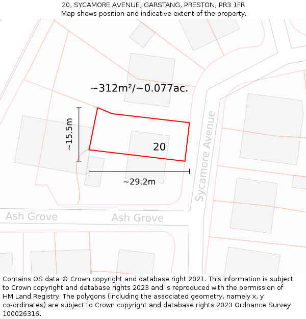 20, SYCAMORE AVENUE, GARSTANG, PRESTON, PR3 1FR: Plot and title map