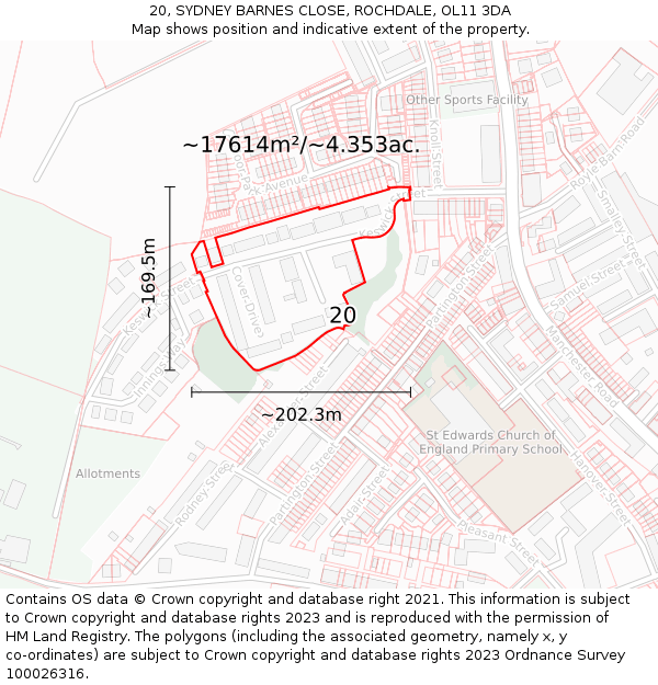 20, SYDNEY BARNES CLOSE, ROCHDALE, OL11 3DA: Plot and title map
