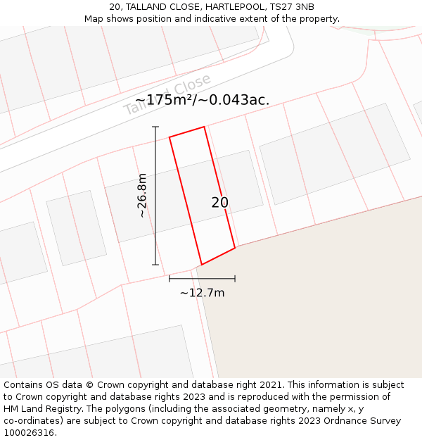 20, TALLAND CLOSE, HARTLEPOOL, TS27 3NB: Plot and title map
