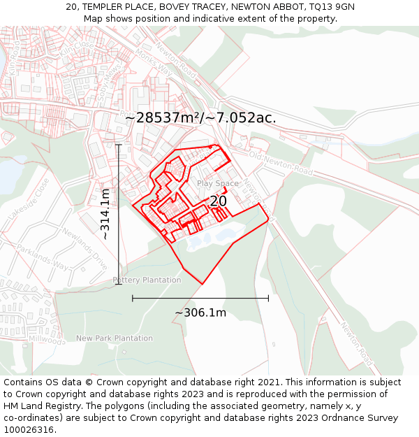 20, TEMPLER PLACE, BOVEY TRACEY, NEWTON ABBOT, TQ13 9GN: Plot and title map