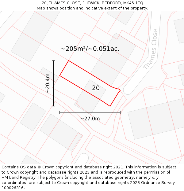 20, THAMES CLOSE, FLITWICK, BEDFORD, MK45 1EQ: Plot and title map
