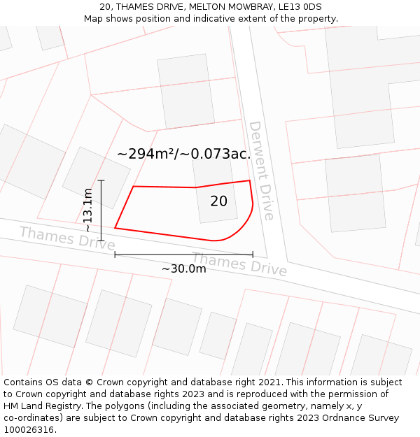 20, THAMES DRIVE, MELTON MOWBRAY, LE13 0DS: Plot and title map