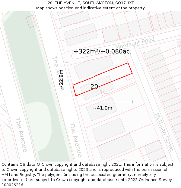 20, THE AVENUE, SOUTHAMPTON, SO17 1XF: Plot and title map