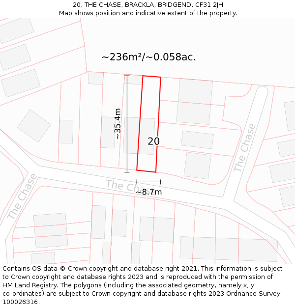 20, THE CHASE, BRACKLA, BRIDGEND, CF31 2JH: Plot and title map