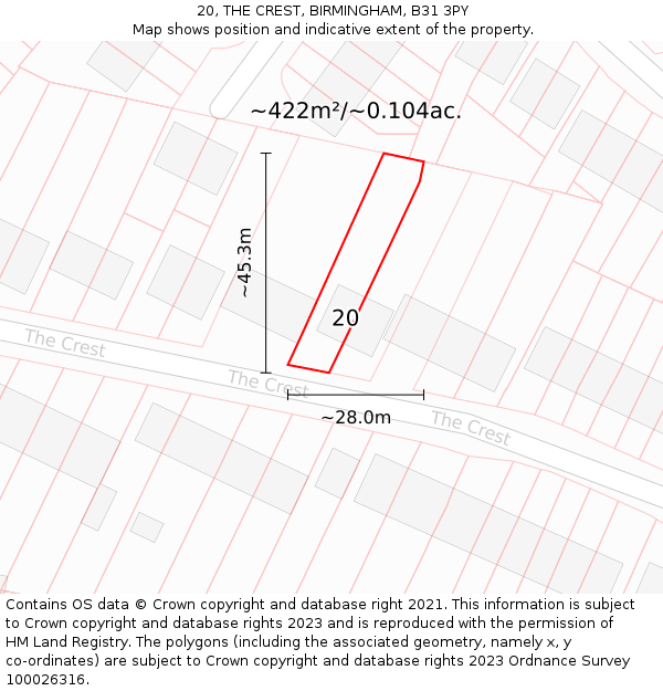 20, THE CREST, BIRMINGHAM, B31 3PY: Plot and title map