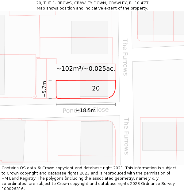 20, THE FURROWS, CRAWLEY DOWN, CRAWLEY, RH10 4ZT: Plot and title map