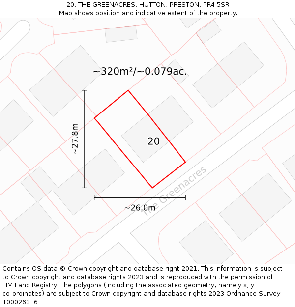 20, THE GREENACRES, HUTTON, PRESTON, PR4 5SR: Plot and title map