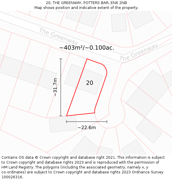 20, THE GREENWAY, POTTERS BAR, EN6 2NB: Plot and title map