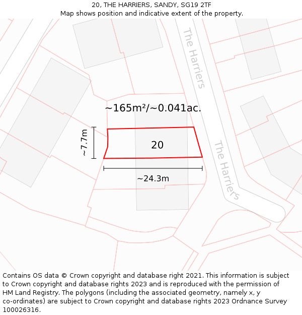 20, THE HARRIERS, SANDY, SG19 2TF: Plot and title map