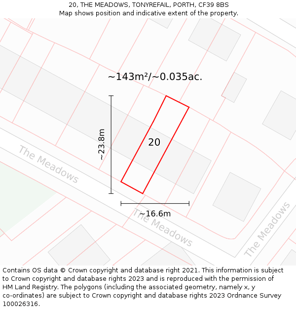 20, THE MEADOWS, TONYREFAIL, PORTH, CF39 8BS: Plot and title map