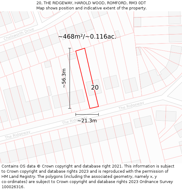20, THE RIDGEWAY, HAROLD WOOD, ROMFORD, RM3 0DT: Plot and title map