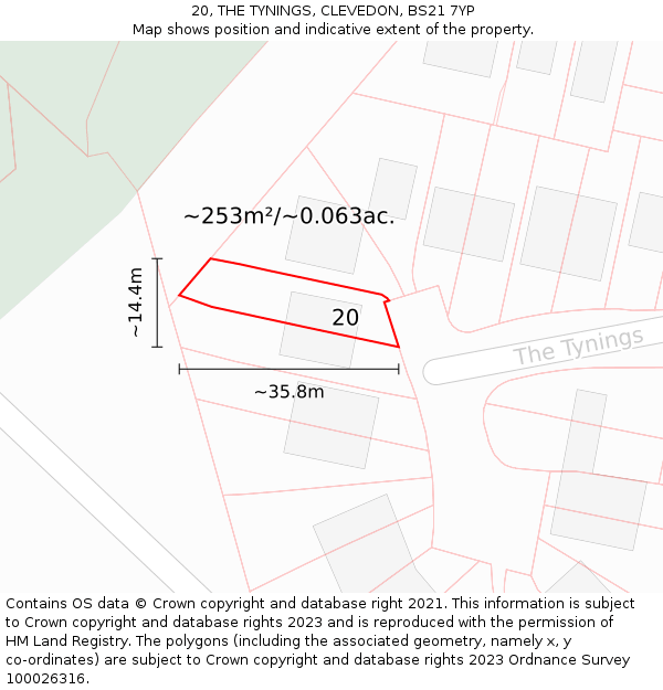 20, THE TYNINGS, CLEVEDON, BS21 7YP: Plot and title map
